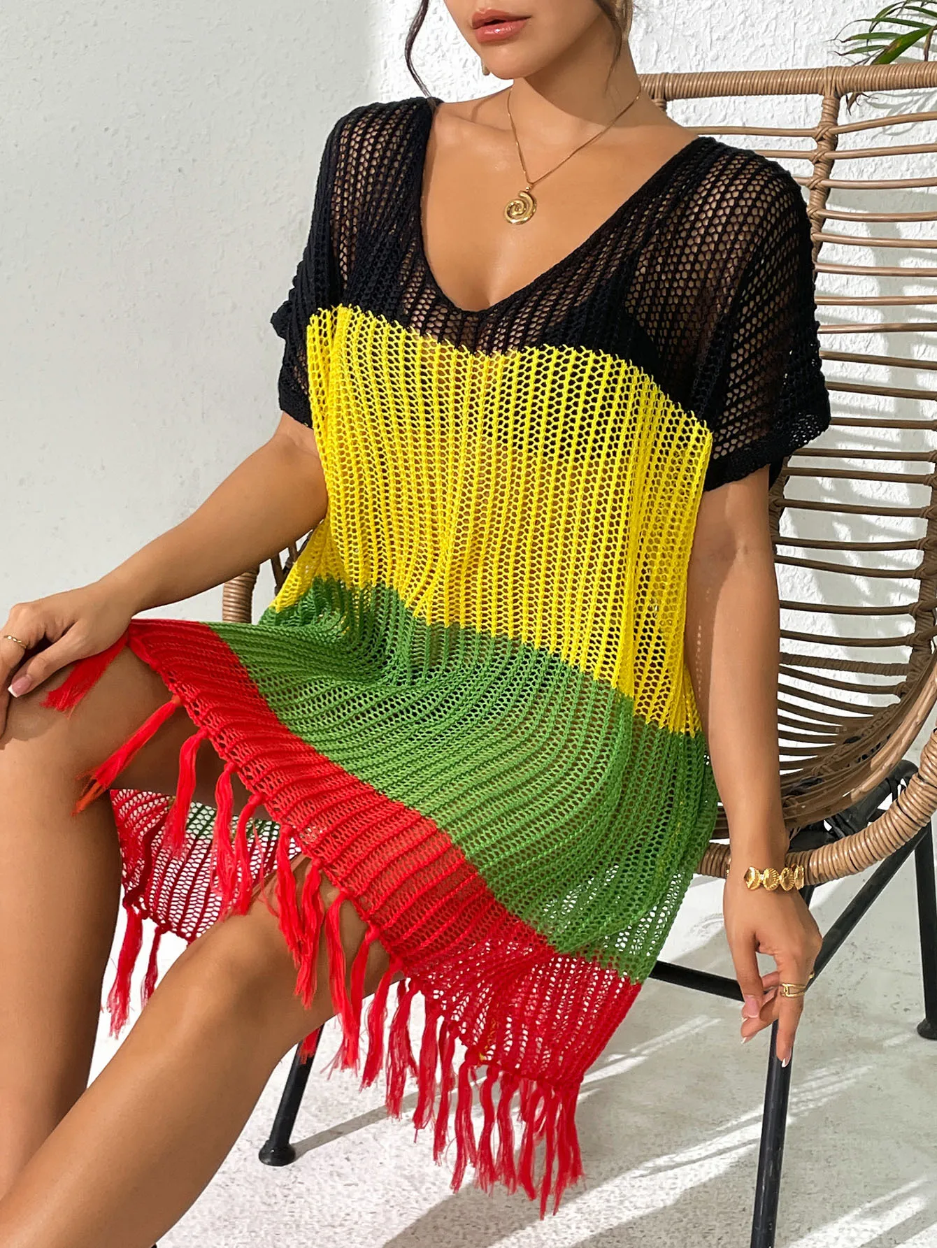 2023 nieuwe luxe strand cover-up jurk dames zomer gebreide strandkleding met kwastje oranje gestreepte tuniek vrouwelijke bikini cover-up