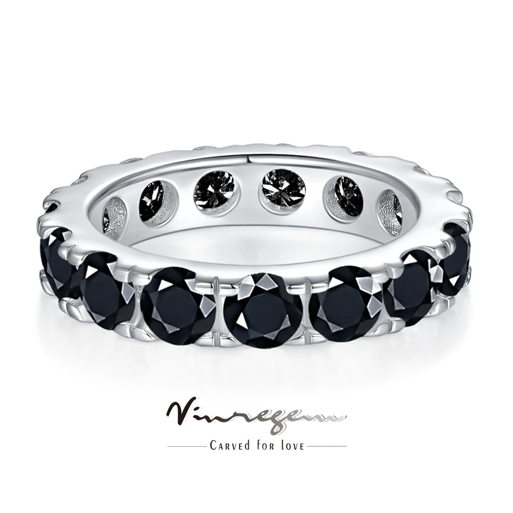 Vinregem 3EX VVS1 Black 4 MM Real Moissanite Diamonds Gems Couple Row Rings 100% 925 Sterling Silver Wedding Fine Jewelry Band