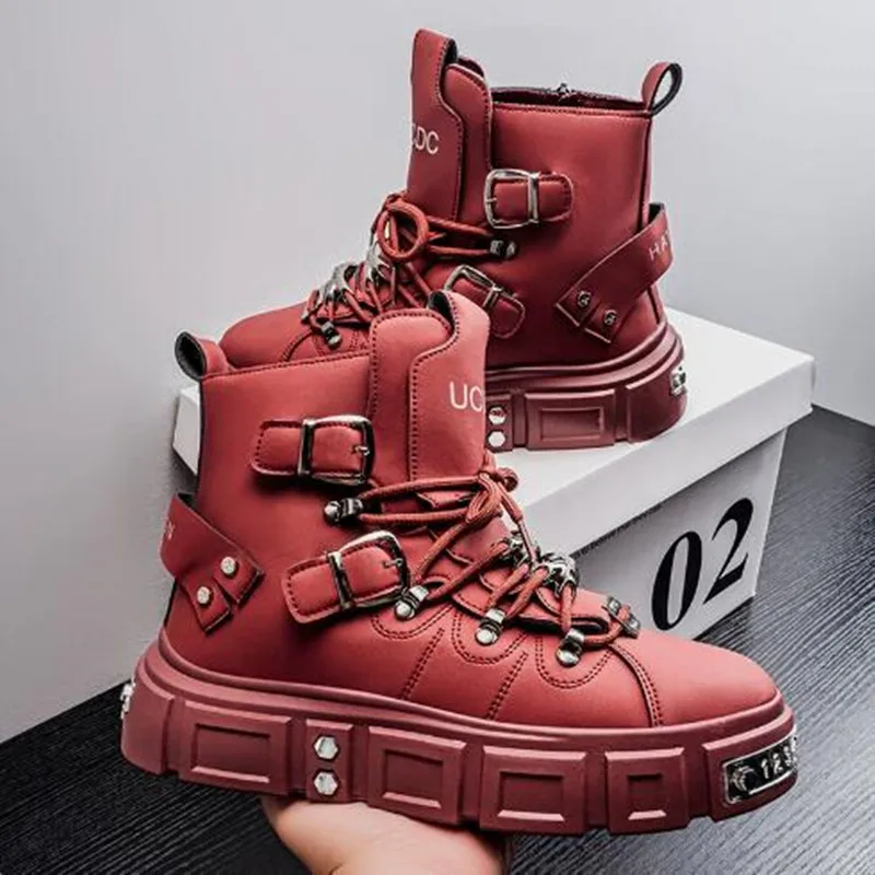 Luxury Rivet Black High top Sneakers Men Leather Fashion Design Shoes Street Gothic Punk Boots Men Motorcycle Boots Big Size 47