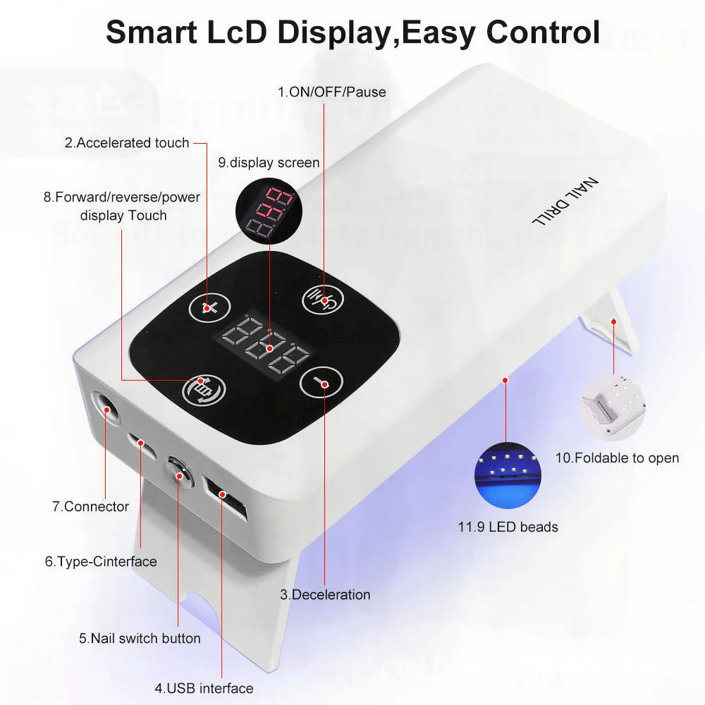 

Многофункциональный аппарат 2-в-1: электрическая шлифовальная машинка для ногтей и фототерапевтический аппарат, 45000 об/мин, для удаления омертвевшей кожи