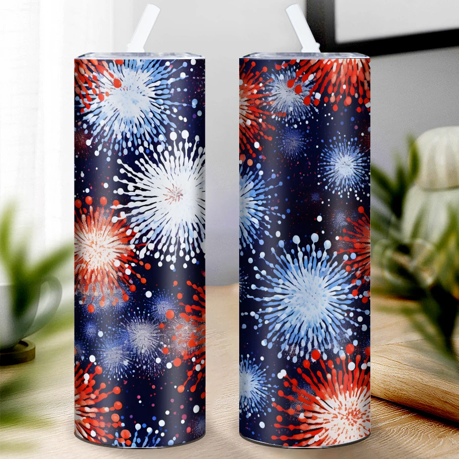 20oz Festive Party Tumblers Straw Lid 1Pc Stainless Steel Coffee Cup 3D Print Firework Insulated Water Bottle Christmas Gifts