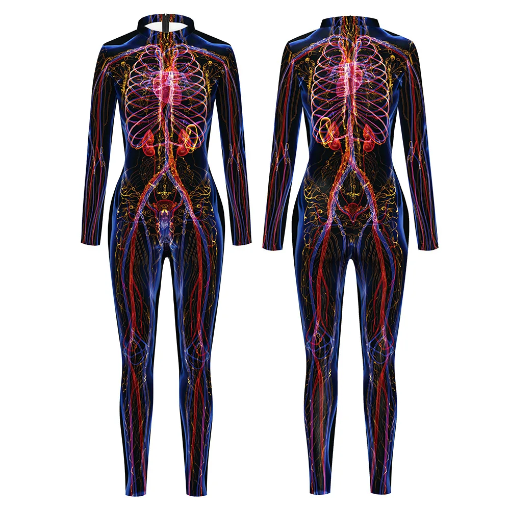 Women Men Muscle Human Body Skeleton Bone Flower Skull 3D Printing Dress Up Jumpsuit Halloween Party Cosplay Costumes Outfit