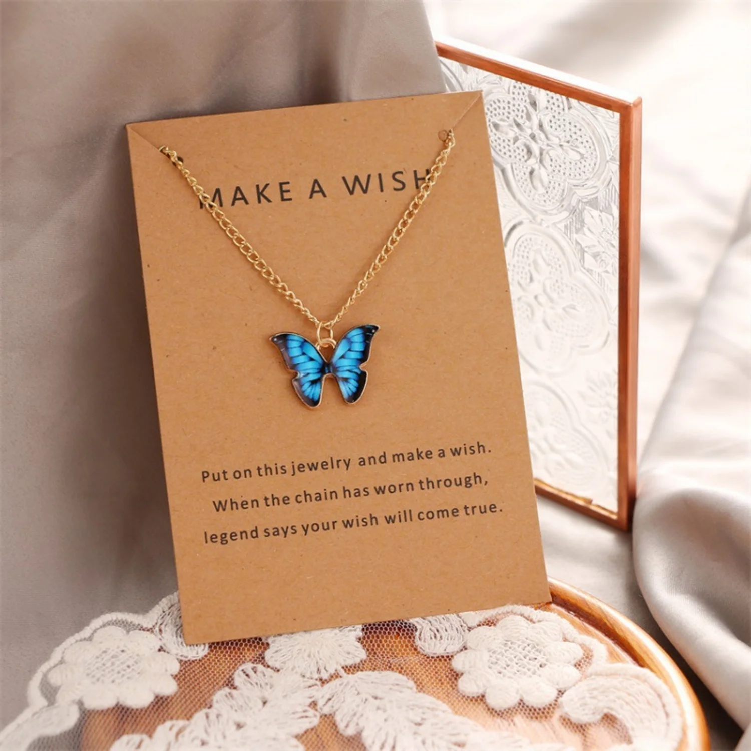 Cute Fashion Butterfly Necklace Earrings Set New Popular Blue Purple Orange Color Pendant Fashion Women Jewelry image 3