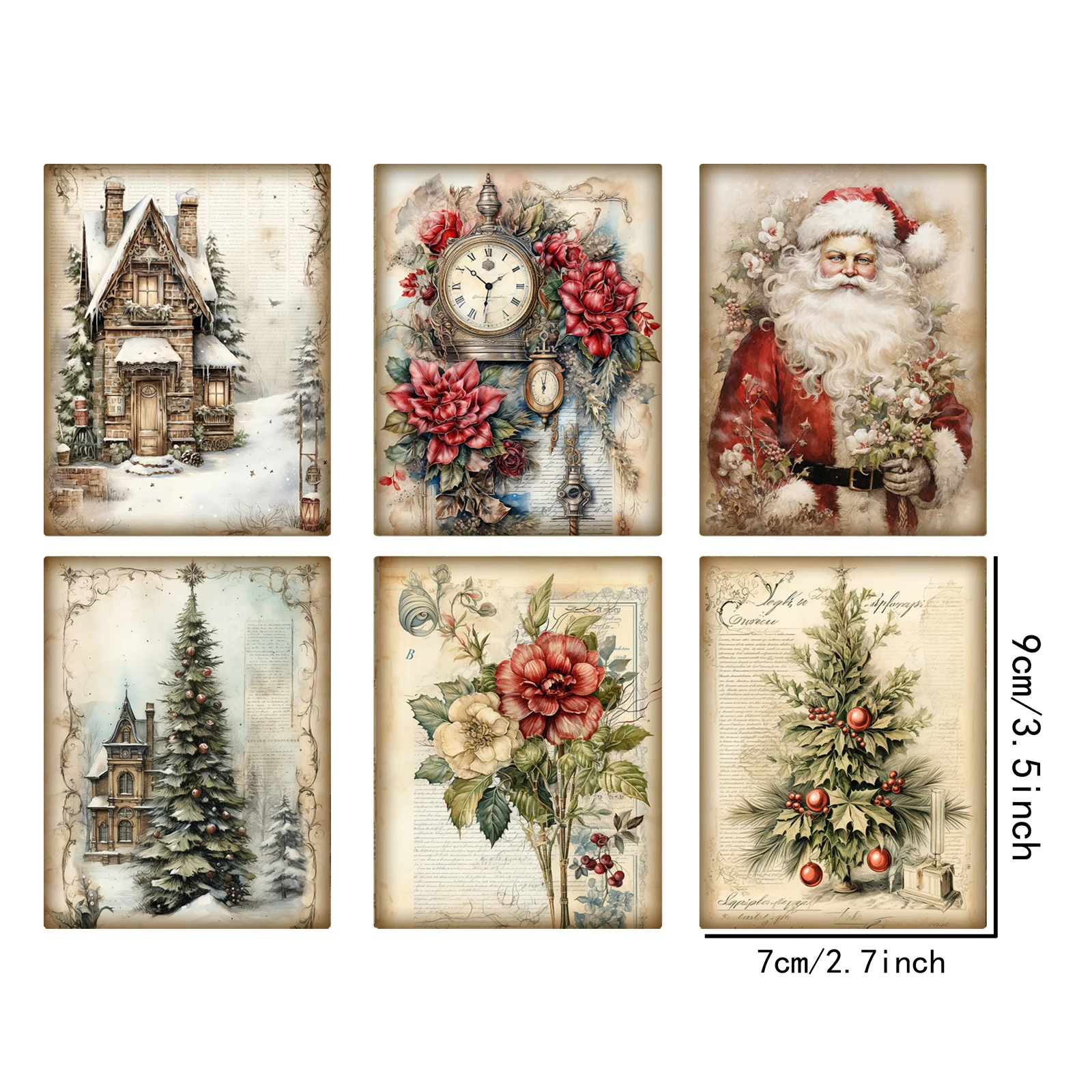 12 Pc Retro Christmas Tree Santa Claus Die Cut Card Vintage Grunge Journal Planning Scrapbooking