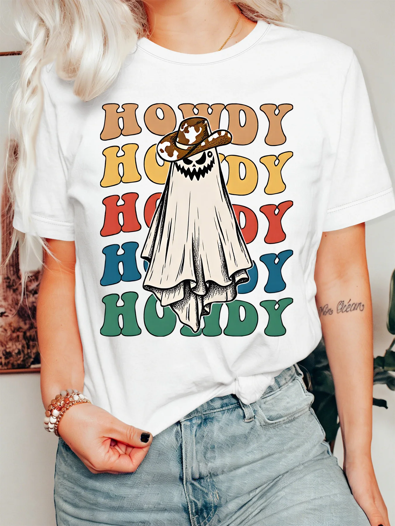 Retro Fall Womens T Shirt Howdy Slogan Western Spooky Cowboy Ghost Cow Pattern Hat Graphic Short Sleeve O Neck Party Tops