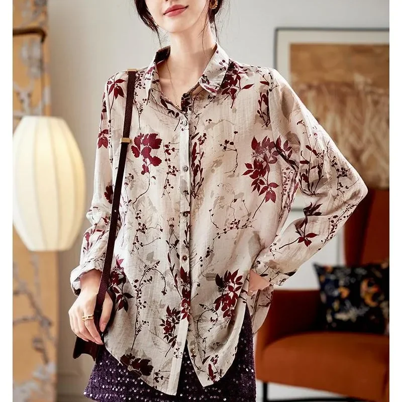 

Women's Floral Print Long Sleeve Shirt Loose Turn-down Collar Casual Blouse