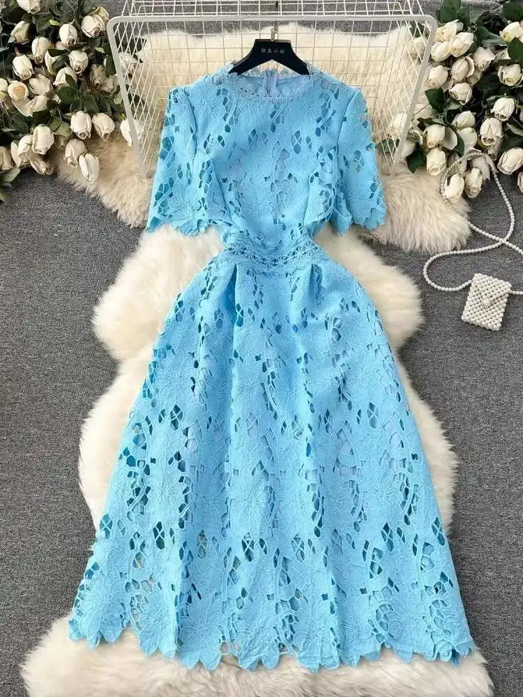 

Элегантные кружевные ажурные платья миди с цветочной вышивкой, женские летние платья 2025, повседневное длинное платье с круглым вырезом и короткими рукавами, вечерние платья