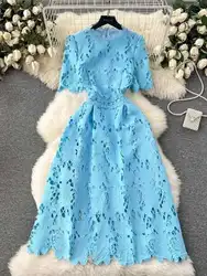 Elegant Flower Embroidery Lace Hollow Out Midi Dresses Women's 2025 Summer O Neck Short Sleeve Casual Long Dress Party Vestidos