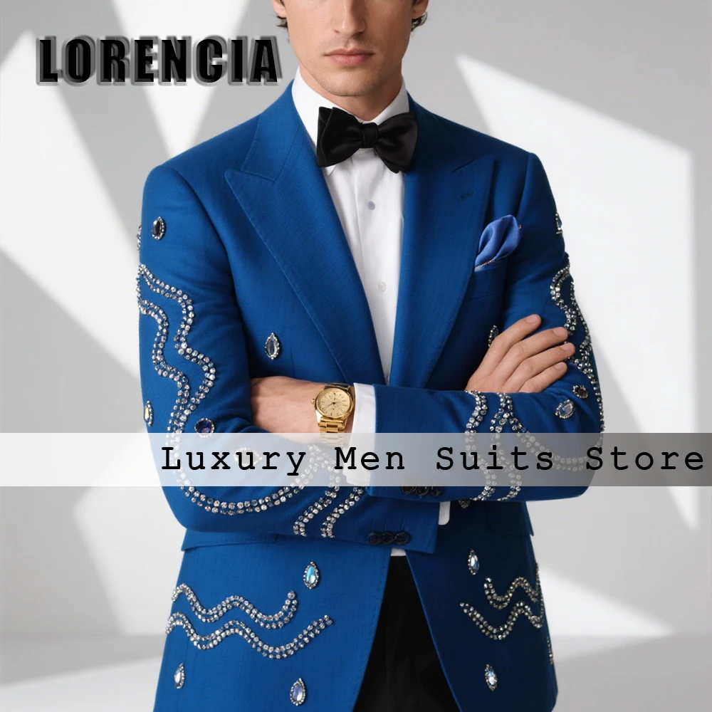

Formal Rhinestone Male Suits 2 Pieces Crystal Tuxedos Banquet Wedding Party Outfit Men's Prom Customized Blazer costumes homme