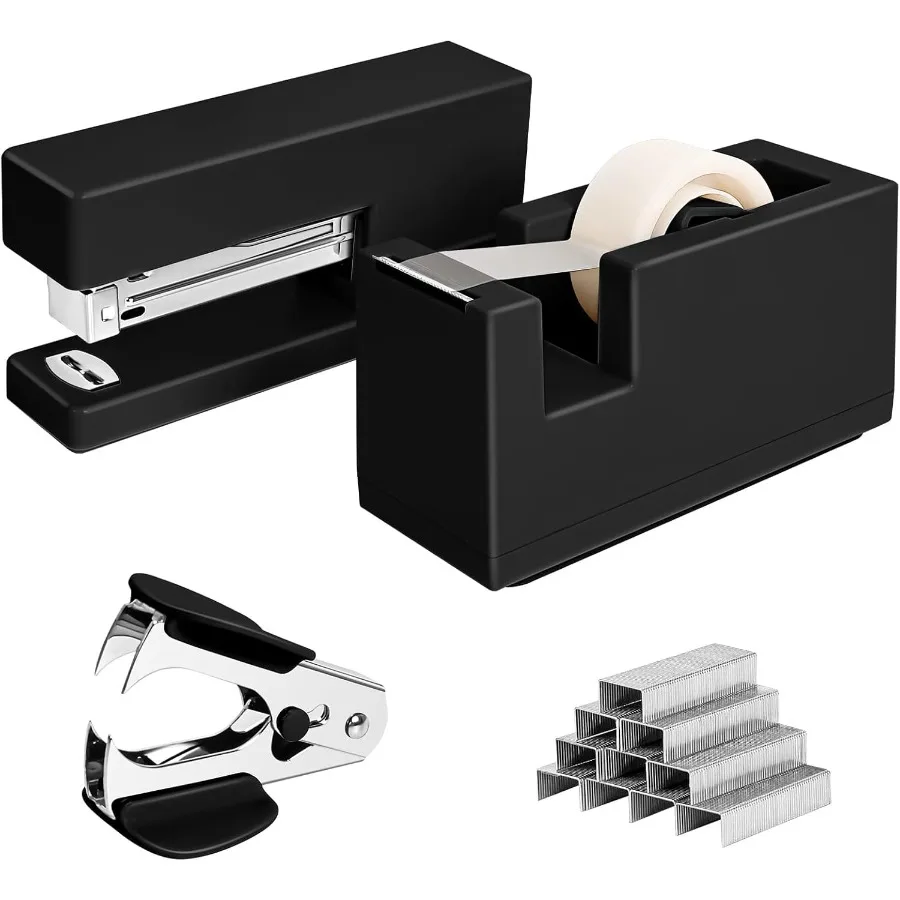 1 grapadora de escritorio y 1 dispensador de cinta, capacidad de 25 hojas con 830 grapas y quitapuntas antideslizantes para oficina, escuela, hogar y