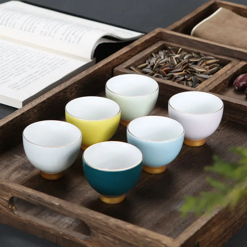 

Chinese Teacup of 6 Pieces Set, Jingdezhen Teaware, Ceramic, Small Cute Tea Cups, Household Drinkware, Colorful, with Gold Rim