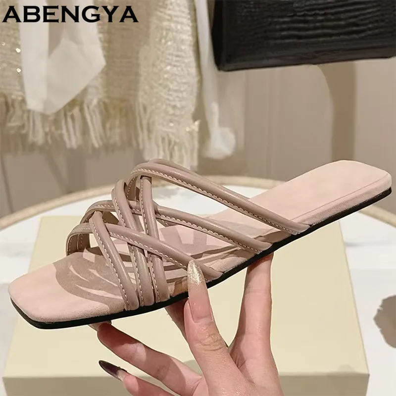 New Narrow Band Cross Flat Slippers Women Real Leather Square Toe Slides Summer Holiday Beach Shoes For Women Slippers Sandals