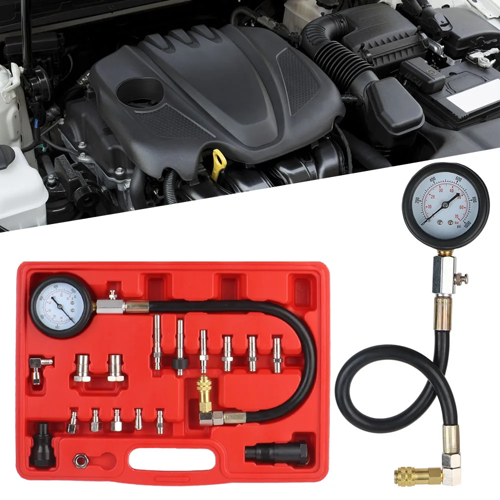 18PCS Gauge Kit Diesel Engine Cylinder Compression Tester Kit Gauge Diagnostic Tools Kit Car Tools 0-1000Psi Adapter Set TU-15A