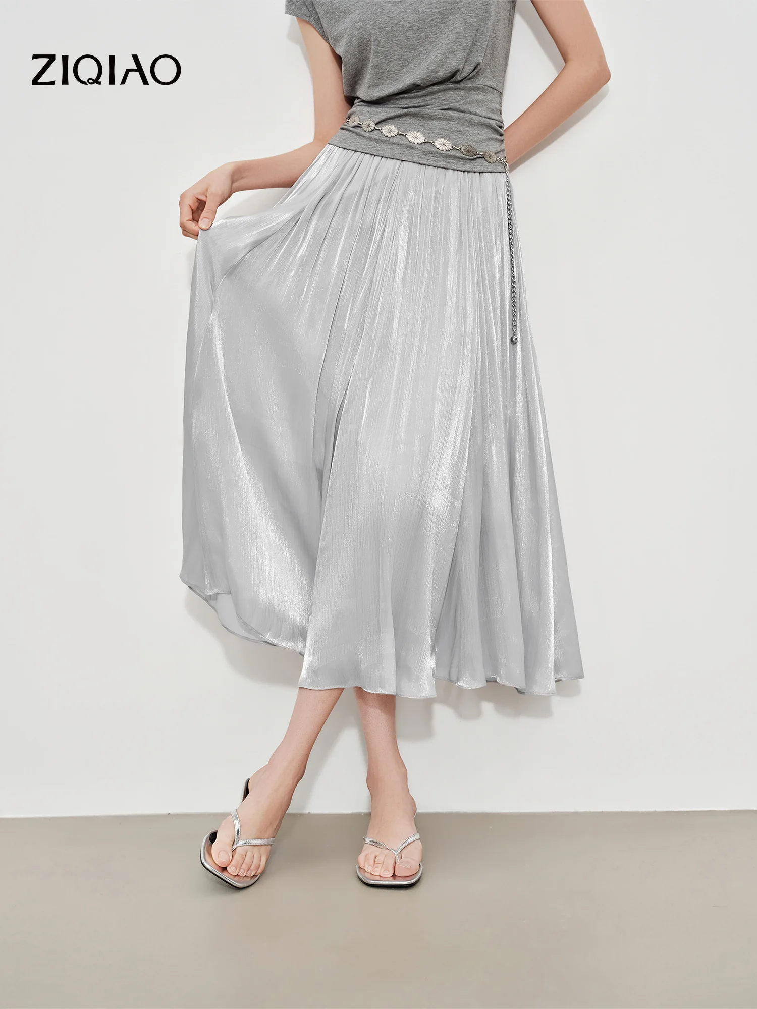 

ZIQIAO 2026 Summer Women's Silky Satin A-Line Maxi Skirt Flowing Hem - Elegant Resort Wear for Vacation and Special Events