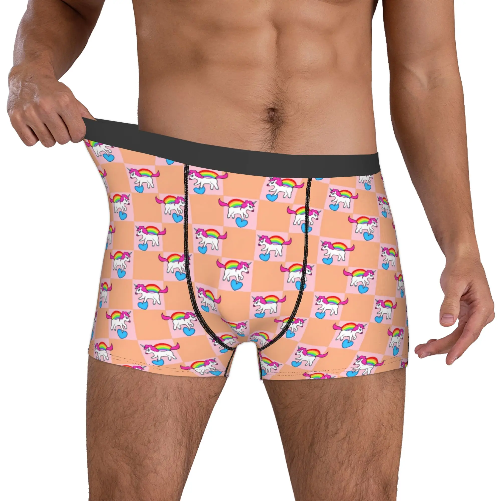 Rainbow Unicorn Check Pink Peach Underwear Men Print  Boxer Shorts Panties Briefs Soft Underpants