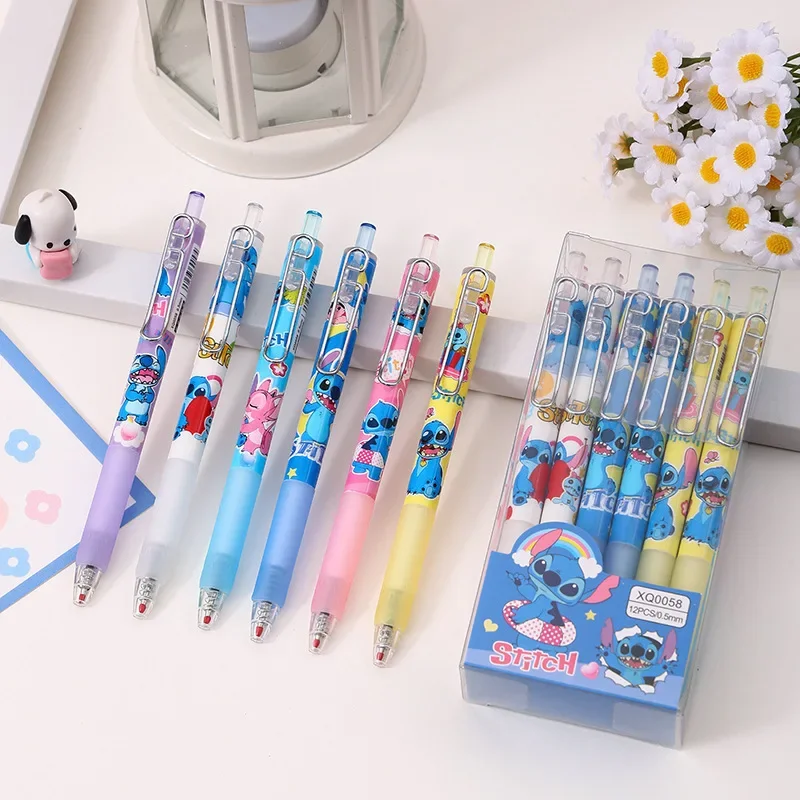 Imagem -04 - Disney-stitch Cartoon Gel Canetas Black Water Ink Signature Pen Papelaria Estudante Presentes de Aniversário Novidades Pressing Meninos 0.5 mm 12 Pcs