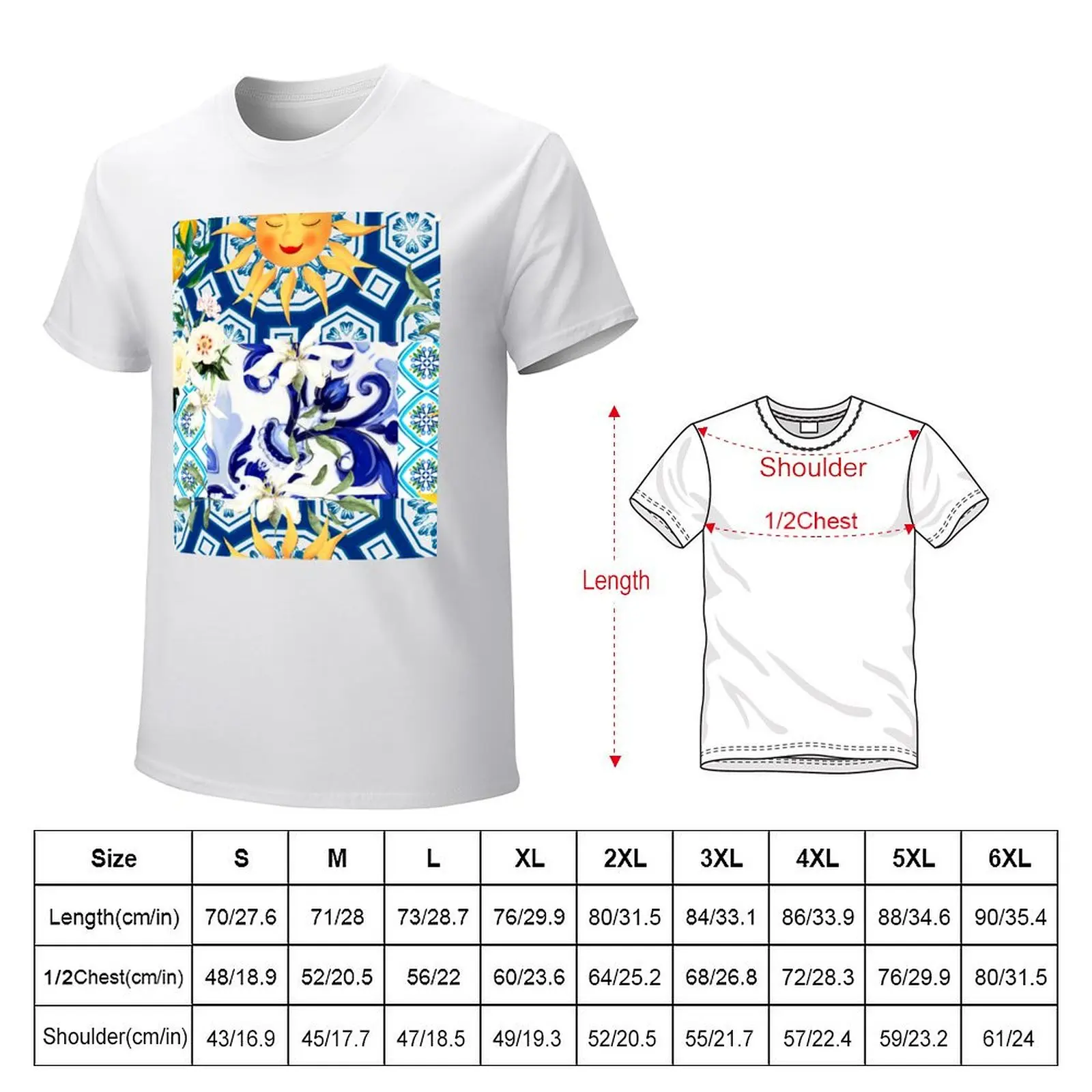 Sicilian tiles,sun,summer,mediterranean art,lemon. T-shirt blanks graphics customs anime Men's t-shirts