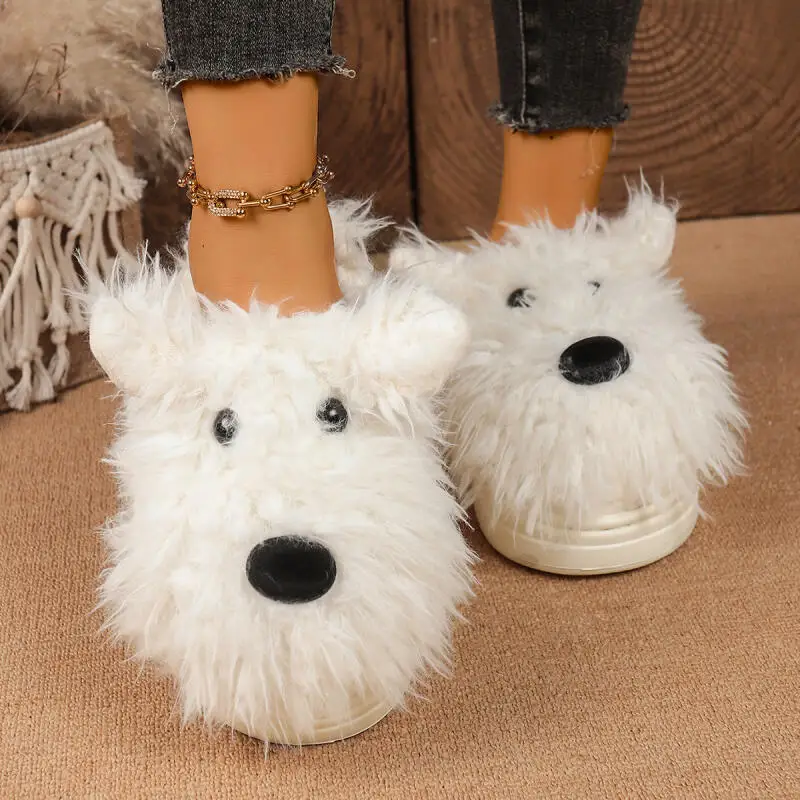 

Cartoon Puppy Fluffy Fur Indoor Slippers Women 2025 Winter Thick Bottom Furry Mules Slippers Warm Plush Home Slides for Womon