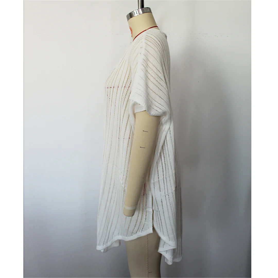 Neues, kurzärmeliges, einfarbiges, gehäkeltes Strick-Tunika-Strandkleid mit V-Ausschnitt, Strandkleid, Strandmode, Damen V8534 – Detail 11
