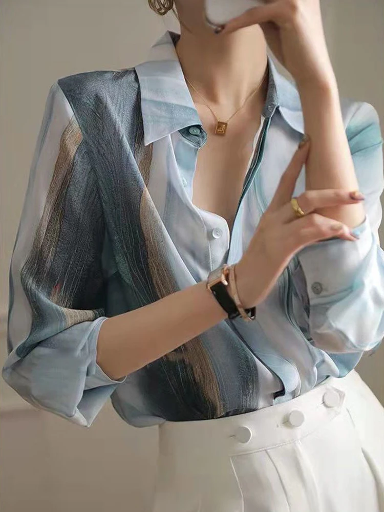 Zoki Elegant Chiffon Office Lady Gradient Shirt Korean Long Sleeve Thin Loose Fashion Blouse Casual All Match Print Female Tops