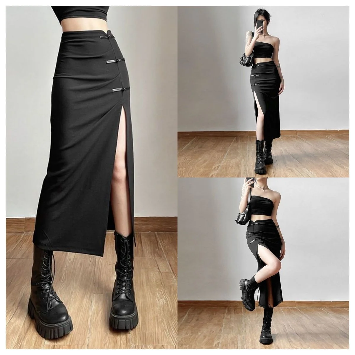 

Y2K Harajuku стиль пикантная девушка ретро пуговицы сексуальная черная полуюбка с разрезом ранняя осень плиссированная сексуальная облегающая юбка средней длины на бедрах