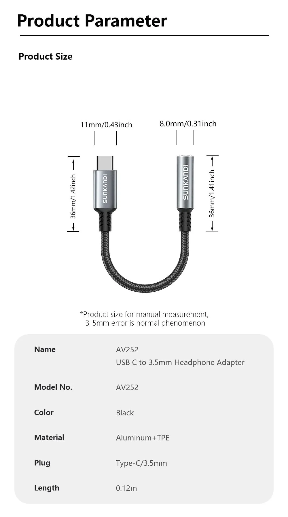 SUNKANDI USB Type C to 3.5mm Female Headphone Jack Adapter, USB C to Aux Audio Dongle Cable Cord for iPad, Samsung, MacBook