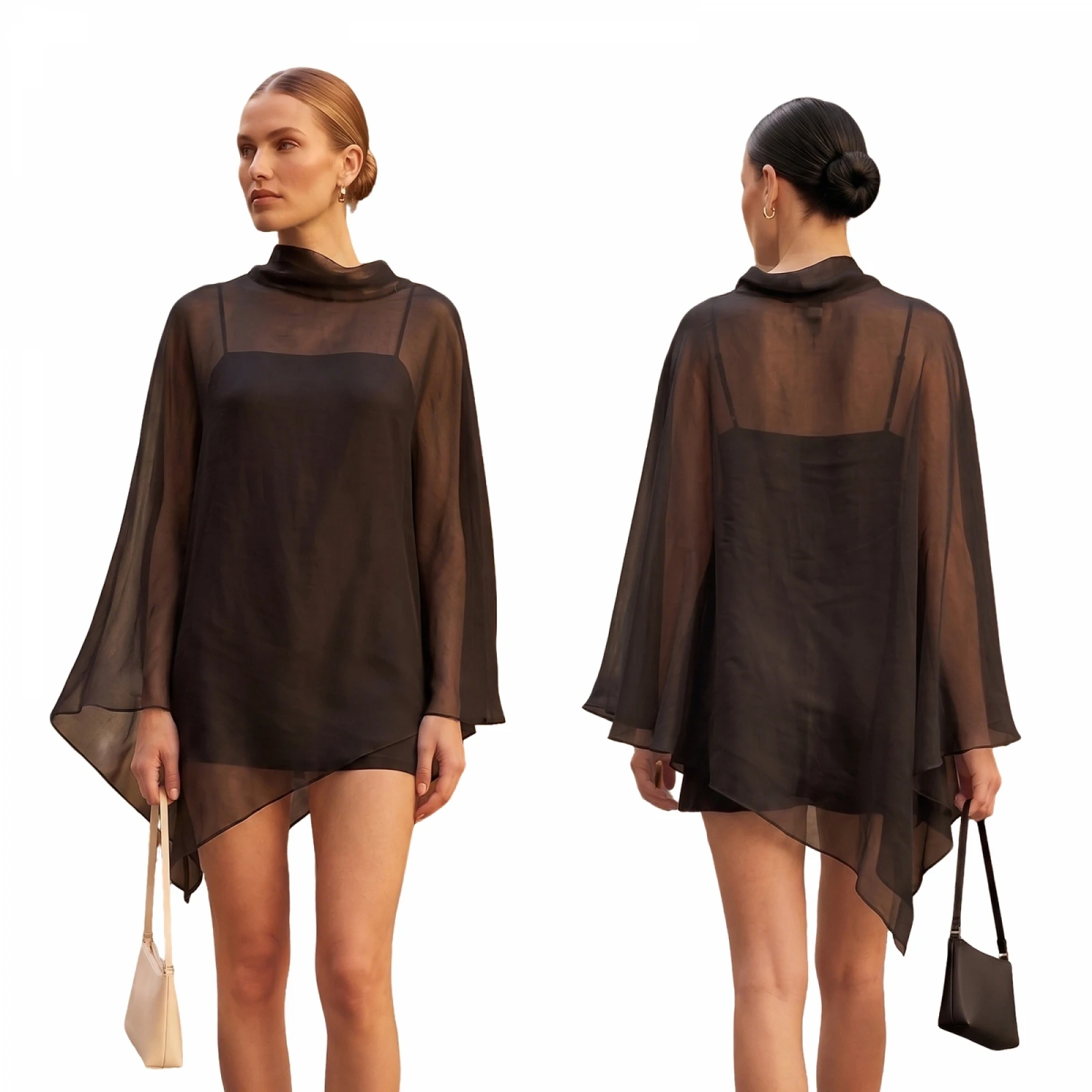 2026 Spring Women's Asymmetrical Poncho Sexy Ladies Solid Color Sheer Mesh Oversized Shawl Tops Beach Cover-Ups Tops