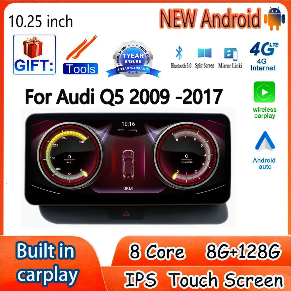 

10.25 Inch Android 14 For Audi Q5 2009 -2017 IPS Touch Screen Car Accessories Carplay Monitor Multimedia Radio Player 4G WIFI