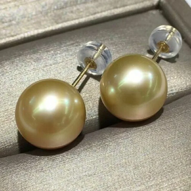 

Large AAAA 9-10mm True Natural Round Gold South Sea Pearl Earrings in 18K Gold