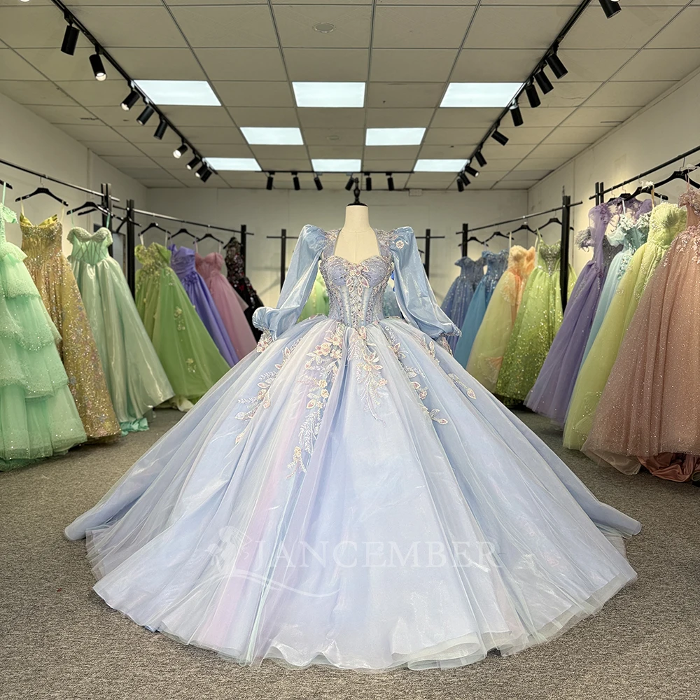 

Customized Blue Ball Gown Quinnceanera Dresses Beading Long Sleeves Appliques Prom Party Dress Vestido De 15 Quinceañera DY1333