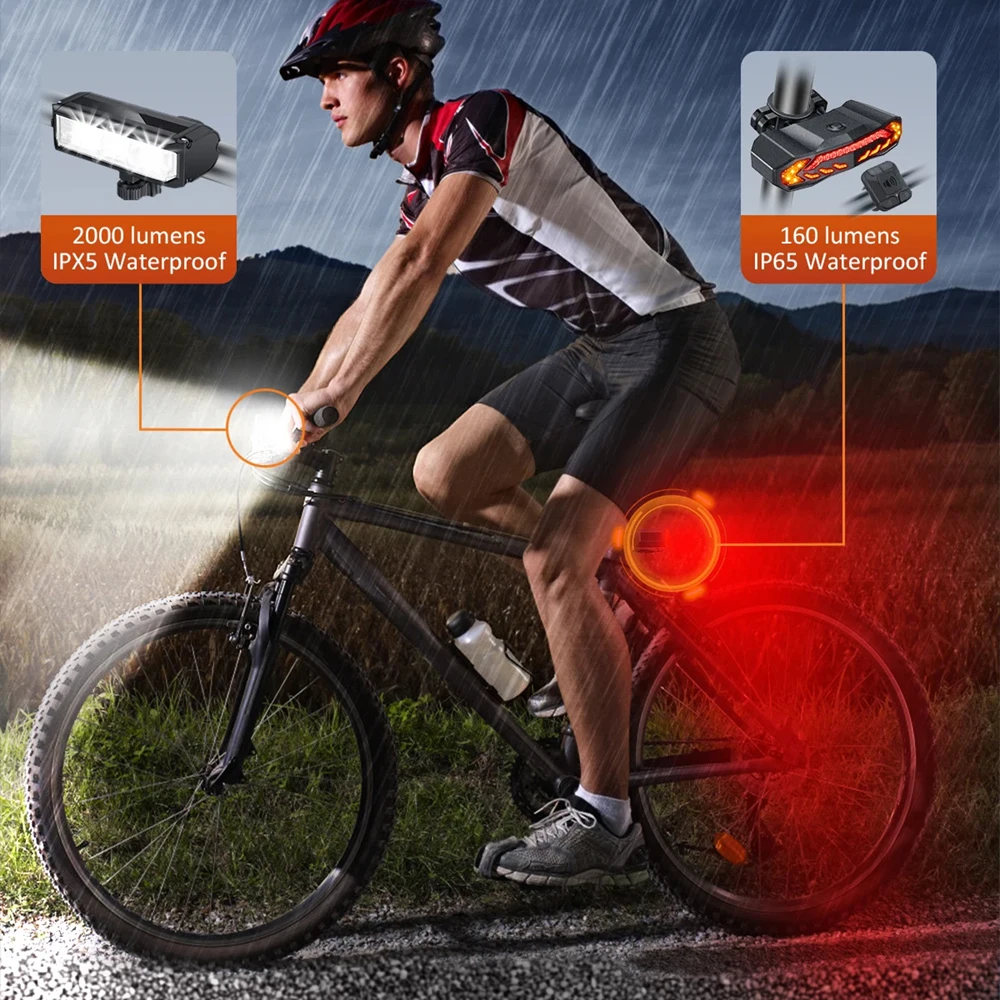 Hollarm 2000 lúmenes luz delantera de bicicleta faro y alarma de bicicleta con bocina de Control remoto recarga de luz trasera de bicicleta