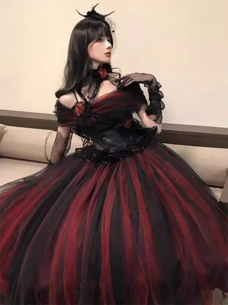 Japanese Spring Summer Red and Black Veil Lolita Birthday Banquet Adult Dress Three-dimensional Flower Color Scheme Dress Women