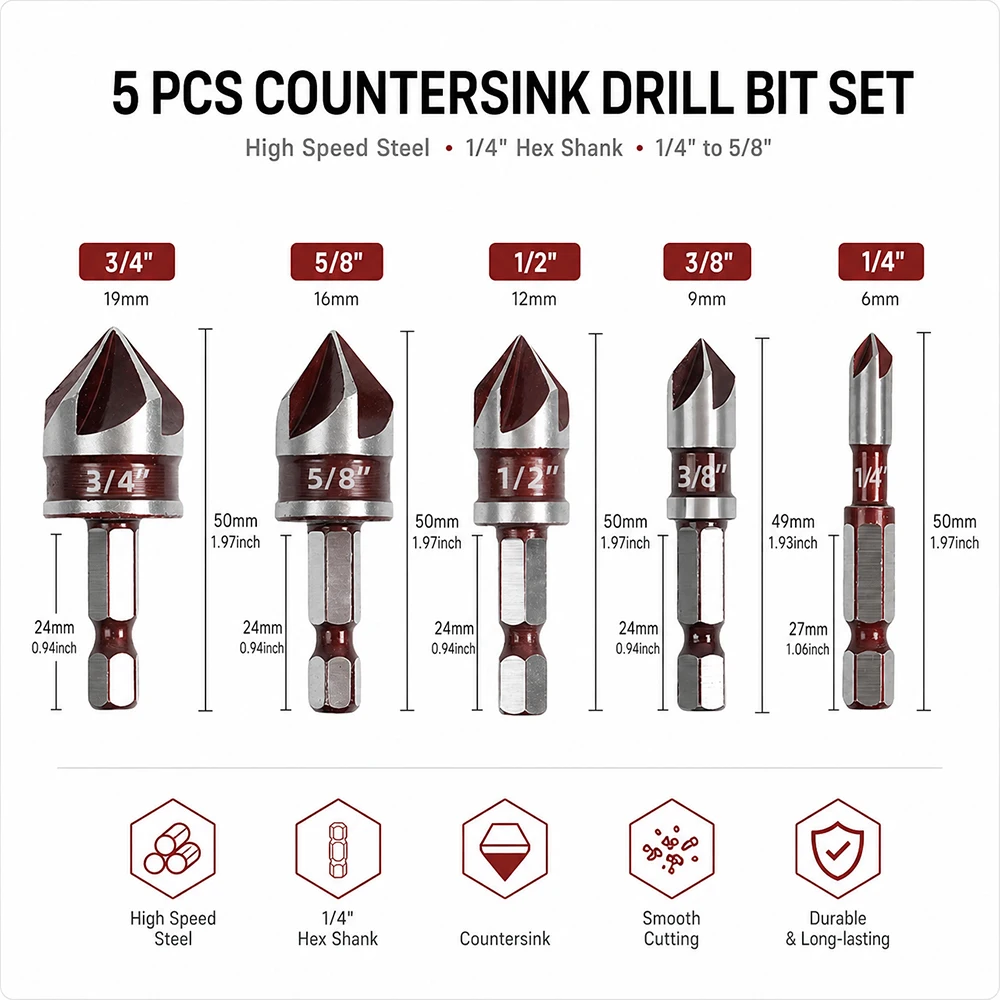 5 PCS Countersink Drill Bit Set1/4