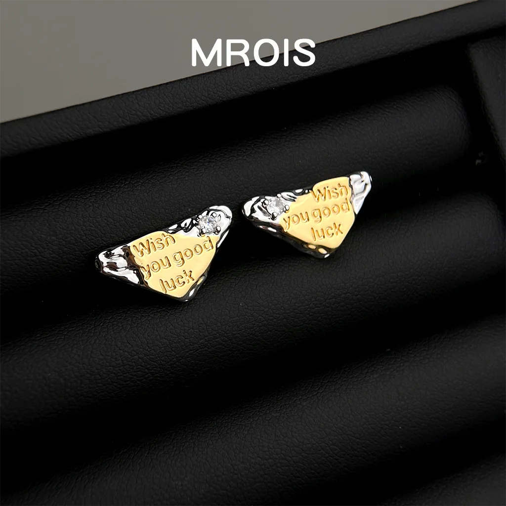 Original real gold-plated two-color geometric damage feeling triangular zircon stud earrings niche letters personal cold wind ea