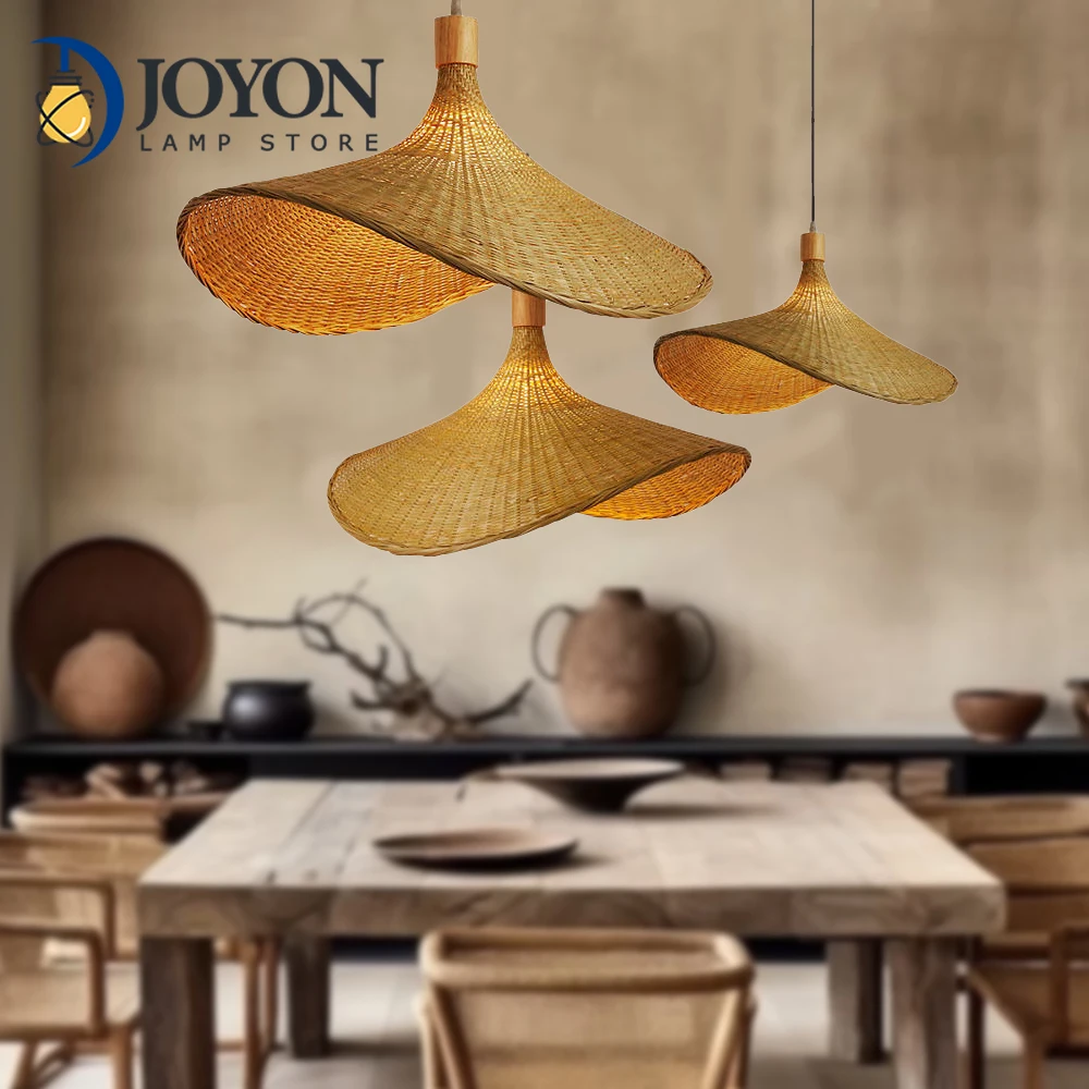 

Natural Bamboo Straw Hat Pendant Light Woven Lampshade Chandelier Handmade Hanging Ceiling Light for Restaurant Home Decor