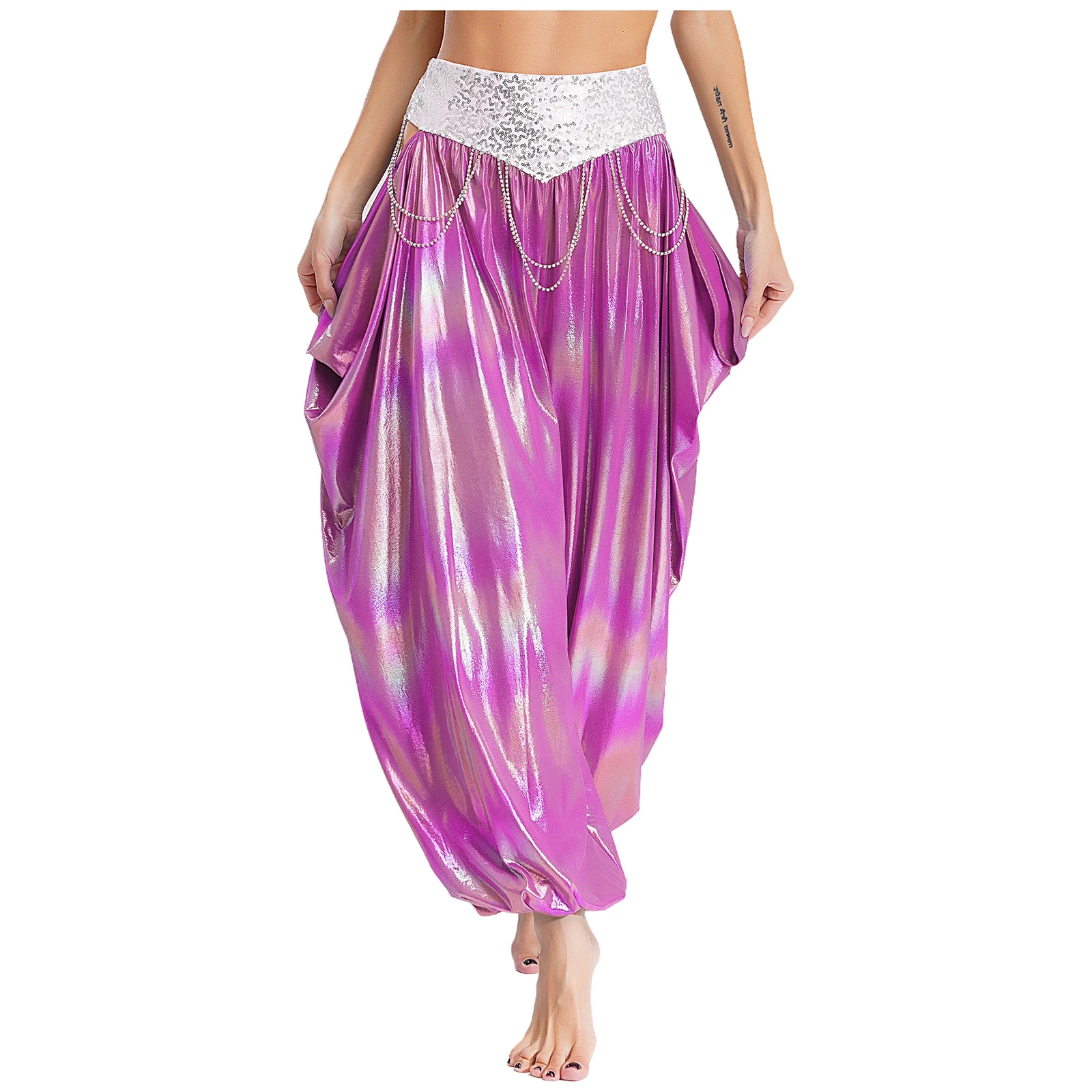 

Women Metallic Belly Dance Princess Costume Pants Sparkling Sequins Waistband Rhinestone Chains Bellydance Bloomers Dancewear