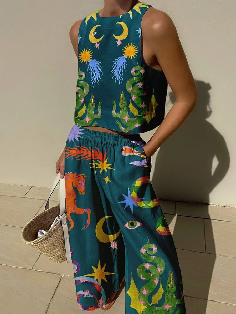 Printed Women Clothing, Sleeveless Short Top Loose Pants 2-piece Set Spring/summer Hawaiian Beach Casual Set Innovative In 2024