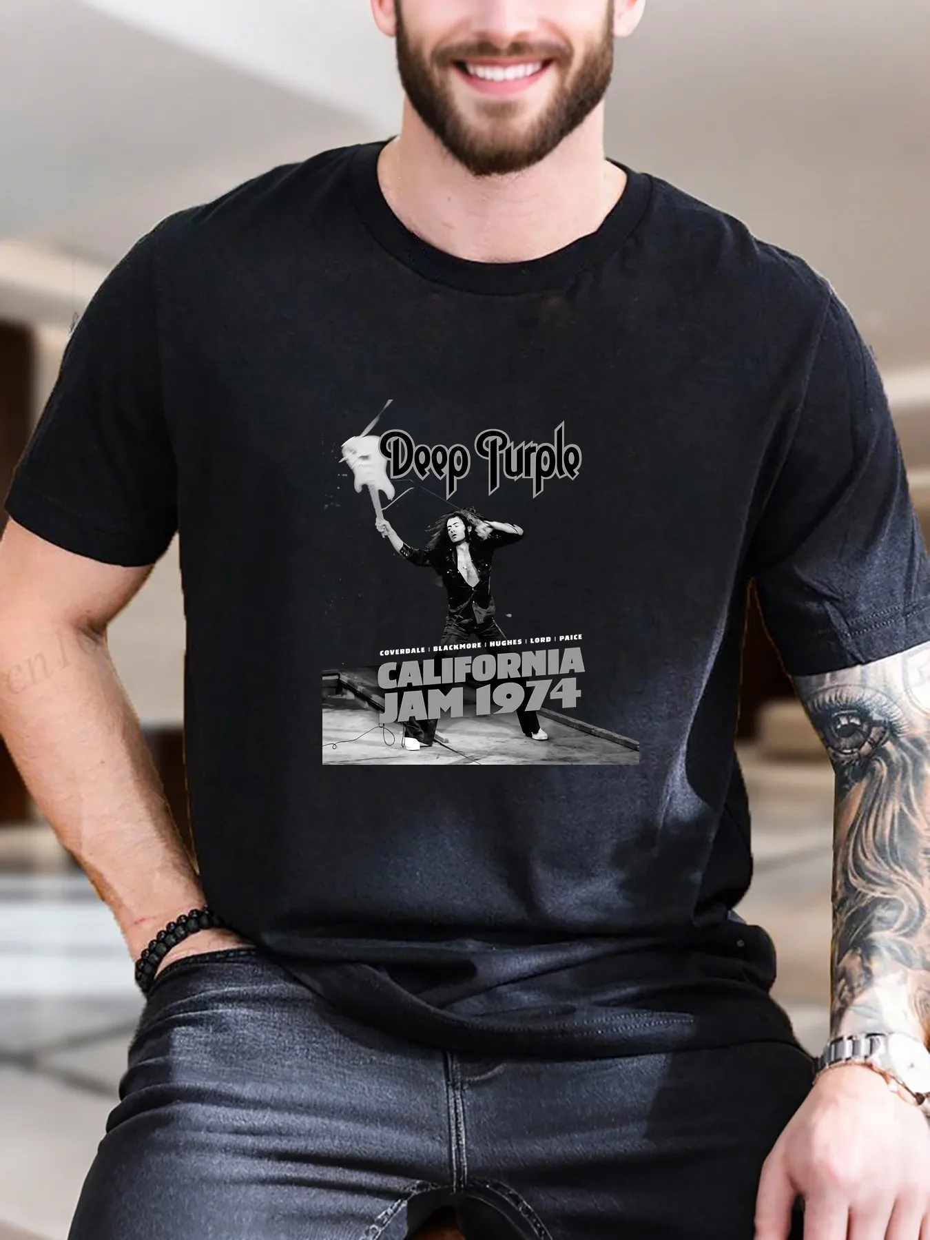 

New Arrival Fashion Men's Printed Short Sleeve T-Shirt Stylish Guitarist Design 100% Cotton Breathable Tee for Casual Wear Comfort