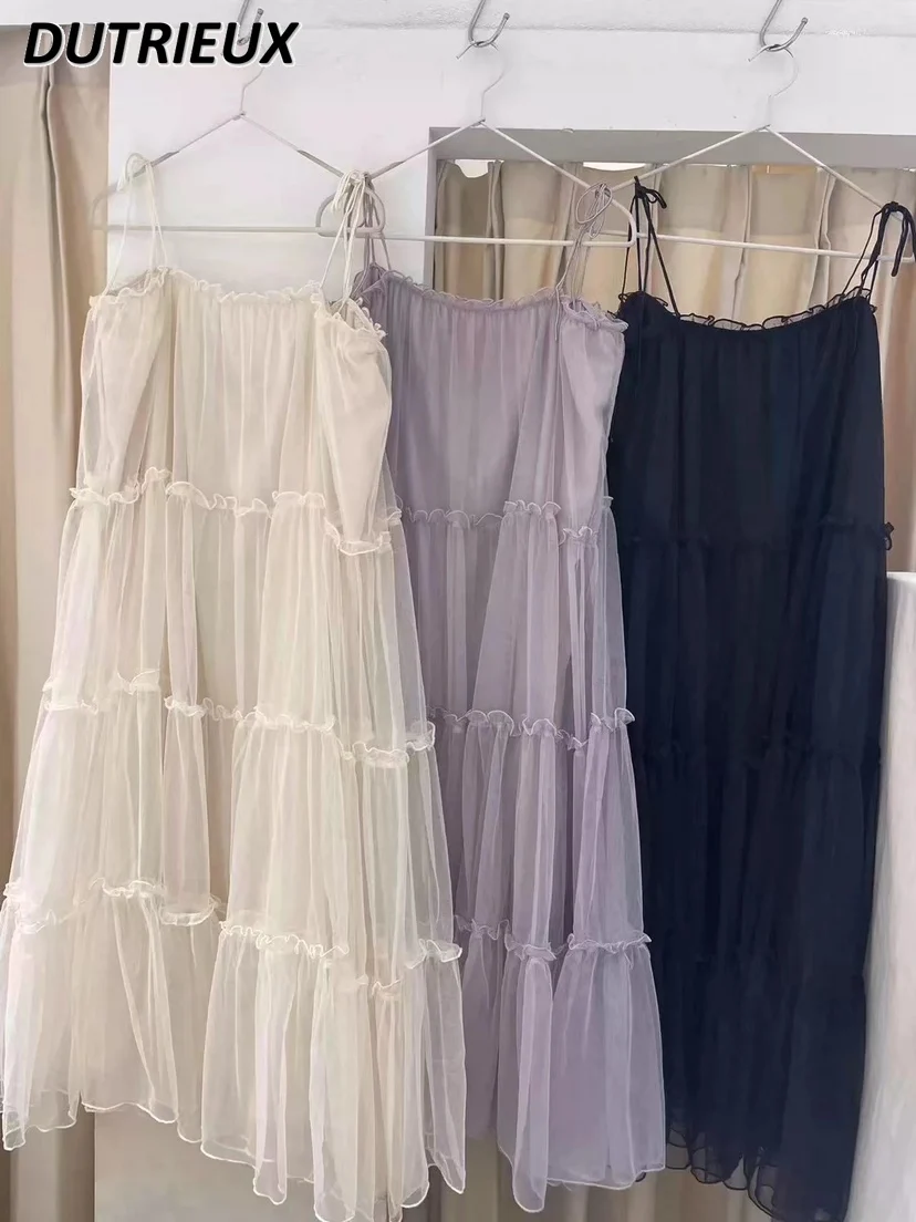 

Japanese Solid Color Mesh Suspender Maxi Dress Sweet and Cute Girls' Summer New Loose Sleeveless Long Birthday Dresses