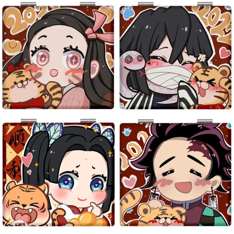 7 × 6 ซม. Demon Slayer, Kimetsu no Yaiba, กระจกแต่งหน้าสองด้านแบบพับได้, อะนิเมะน่ารัก, ท่องเที่ยวแบบพกพา, เด็กผู้หญิง, แว่นขยาย, สี่เหลี่ยมจัตุรัส