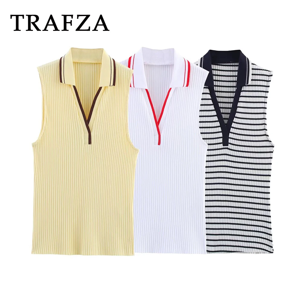 

TRAFZA Chic Yellow Sheath Sexy Women Tank Tops Fashion 2025 Summer Striped Vest Streetwear Casual Sporty Polo Sleeveless Tops
