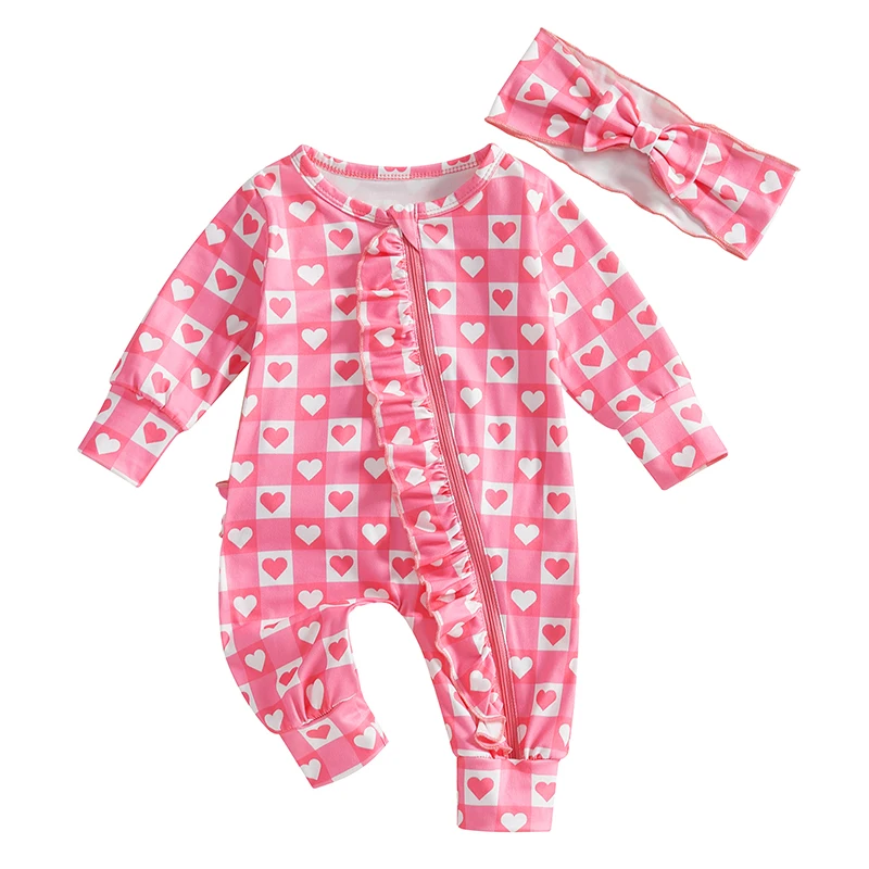 Completi autunnali per neonata Love Heart Plaid Pattern Ruffles Girocollo Manica lunga Zip Up Pagliaccetto neonato con fiocco Fascia per capelli Set da 2 pezzi