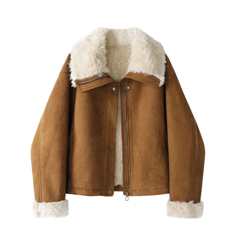 

Женская замшевая куртка из искусственной овчины, короткое зимнее пальто большого размера, толстая теплая верхняя одежда на флисовой подкладке с большим воротником