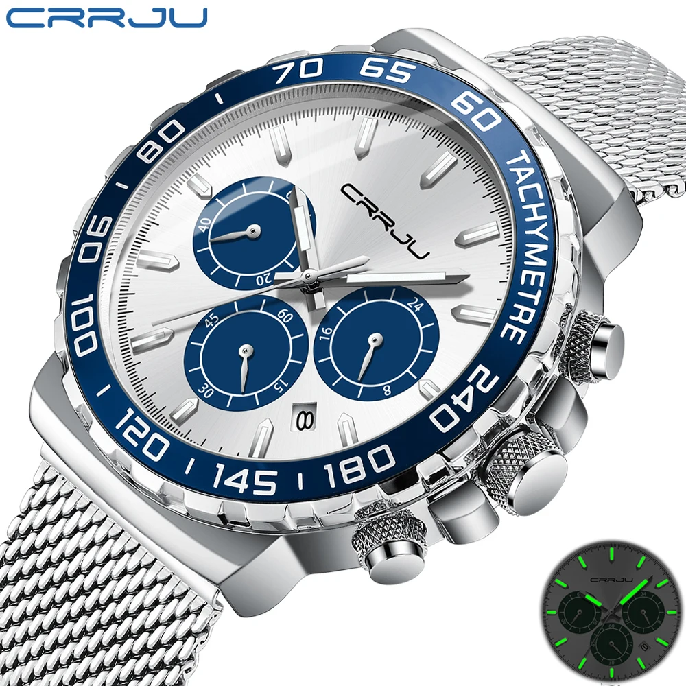 

CRRJU Watch for Men Fashion Top Brand Quartz Chronograph Waterproof Stainless Wristwatches with Luminous Hands Relogio Masculino