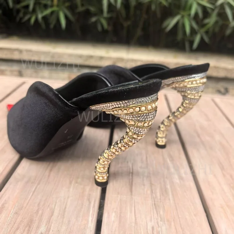 Burgundy Brown Suede Metal Stiletto Slippers Women Pointed Open Heels Black Red Stitching Sandal Gold Crystal Strange Style Shoe