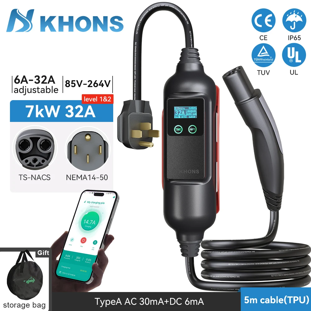 Khons Tesla Charger Level2 EV Charger 220V 7kW 32A Connector NEMA 14-50 Plug 16FT TPU Cable  WIFI/APP with Models 3/Y/S/X