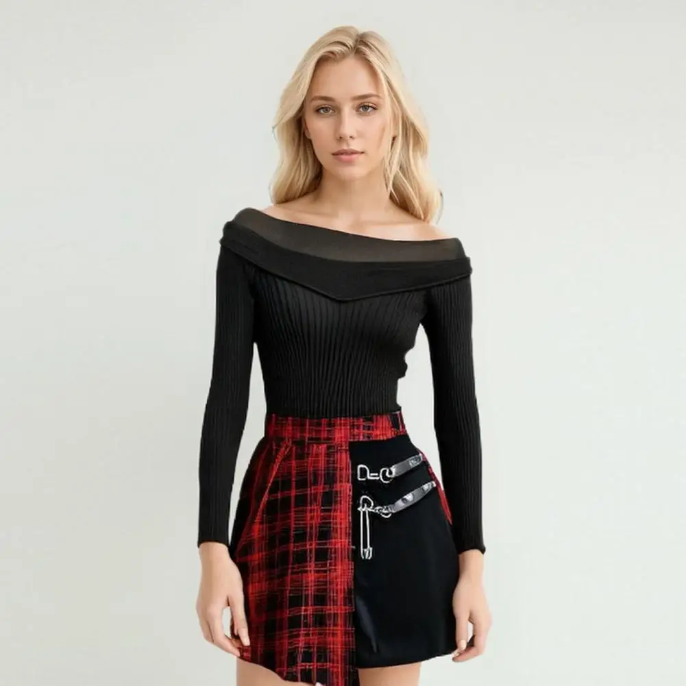 Women Short Skirt Summer Pleated Skirt High Waist Women Checkered Mini Skirts Metal Chains Belts Decoration Irregular Skirt