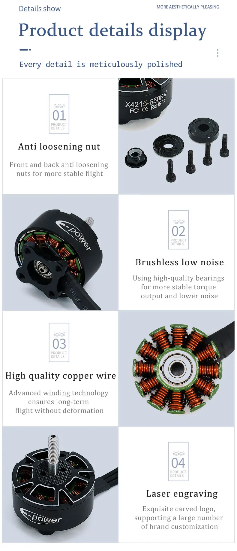 4 Stück E-POWERRC 4S-8S X4215 400KV 650KV X5215 250KV 340KV 420KV 500KV Bürstenloser Motor für 15-16 Zoll FPV Freestyle RC-Drohnen – Detail 9