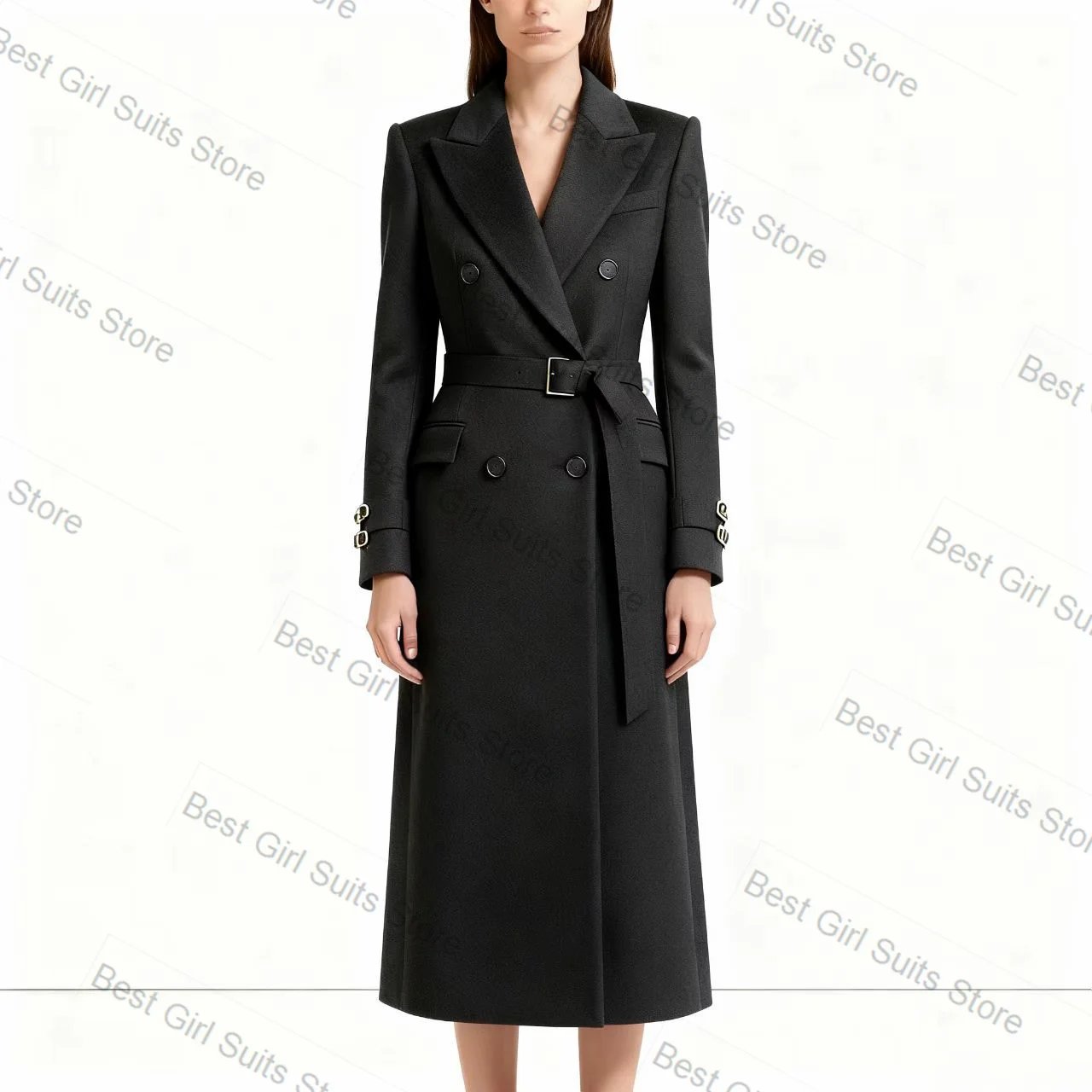 

Black Women Suit 1 Piece Long Blazer Prom Dress Cotton Belted Formal Business Office Lady Jacket Customized Wedding Coat