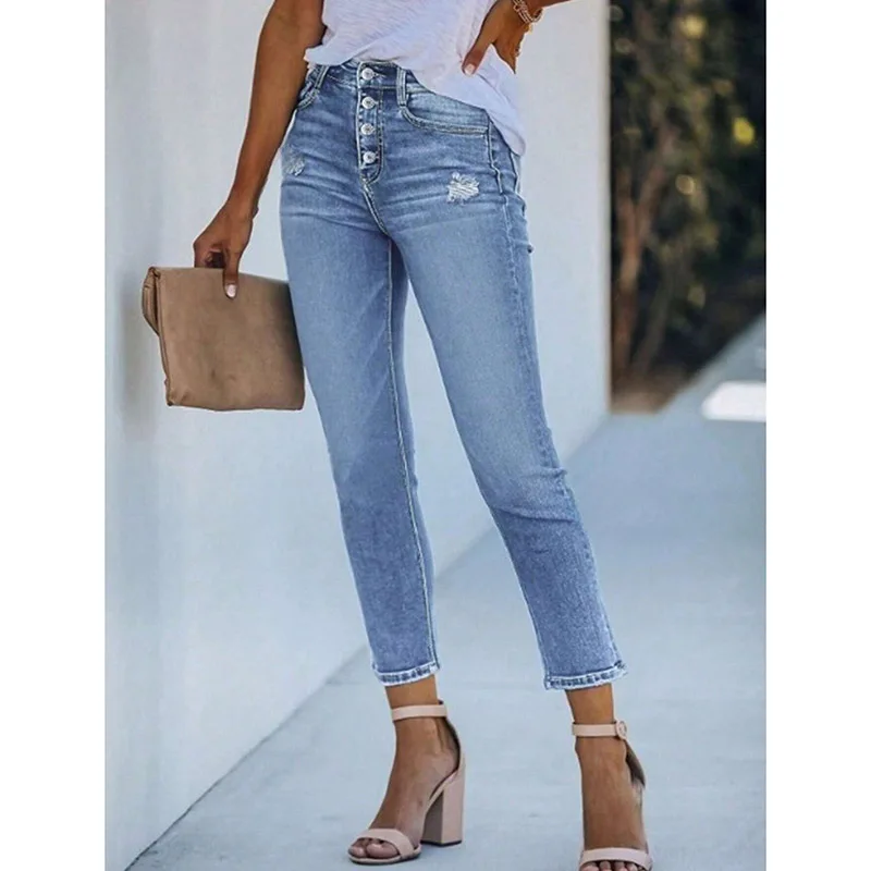 

2026 High Street Women Fashion Ripped Casual Jeans Lady Stretch Slim Fit Ankle-length Pants Girls Classic Solid Denim Trousers